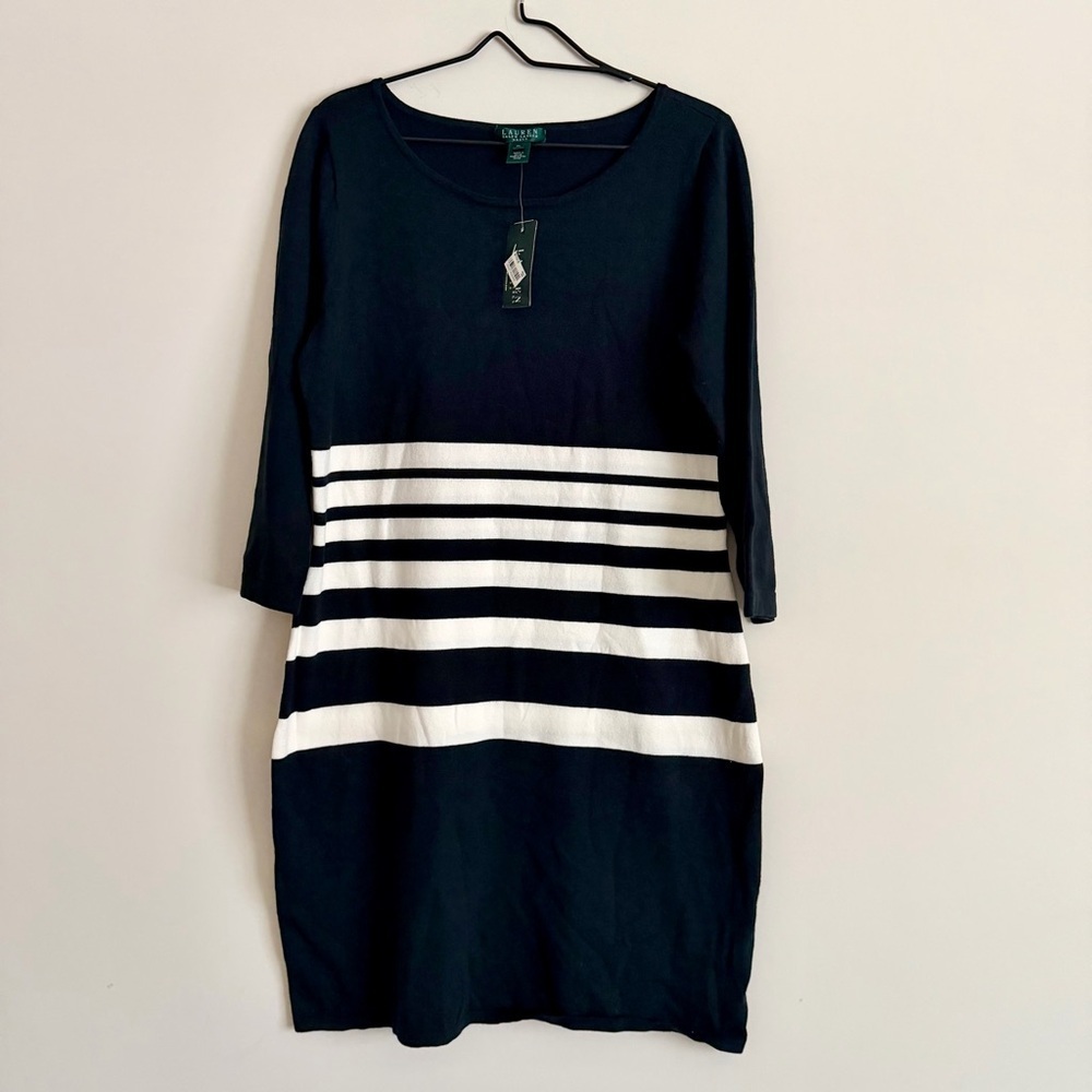 Lauren Ralph Lauren Striped Sweater Dress XL Black White Knit 3/4 Sleeve NWT